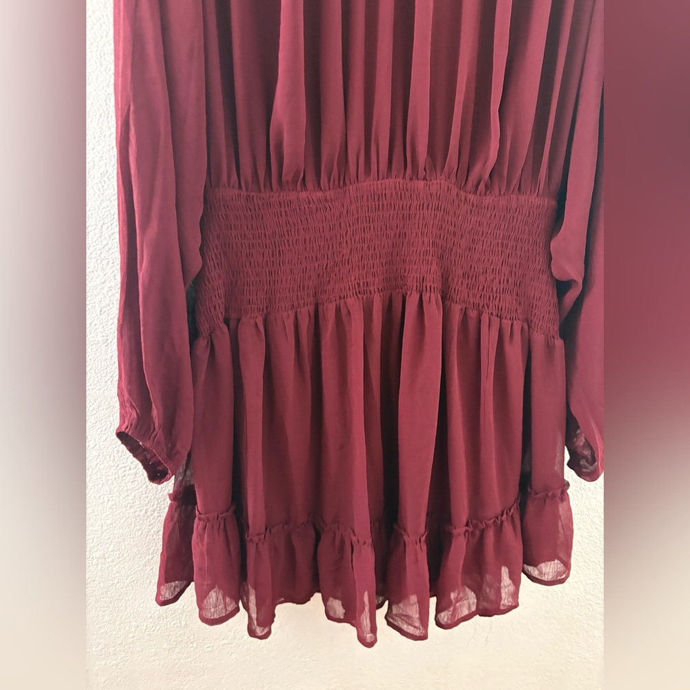Aeom Dress Antique Berry Burgundy Long Sleeve Smoked Tiered Boho sheer Size XL - Picture 2 of 9